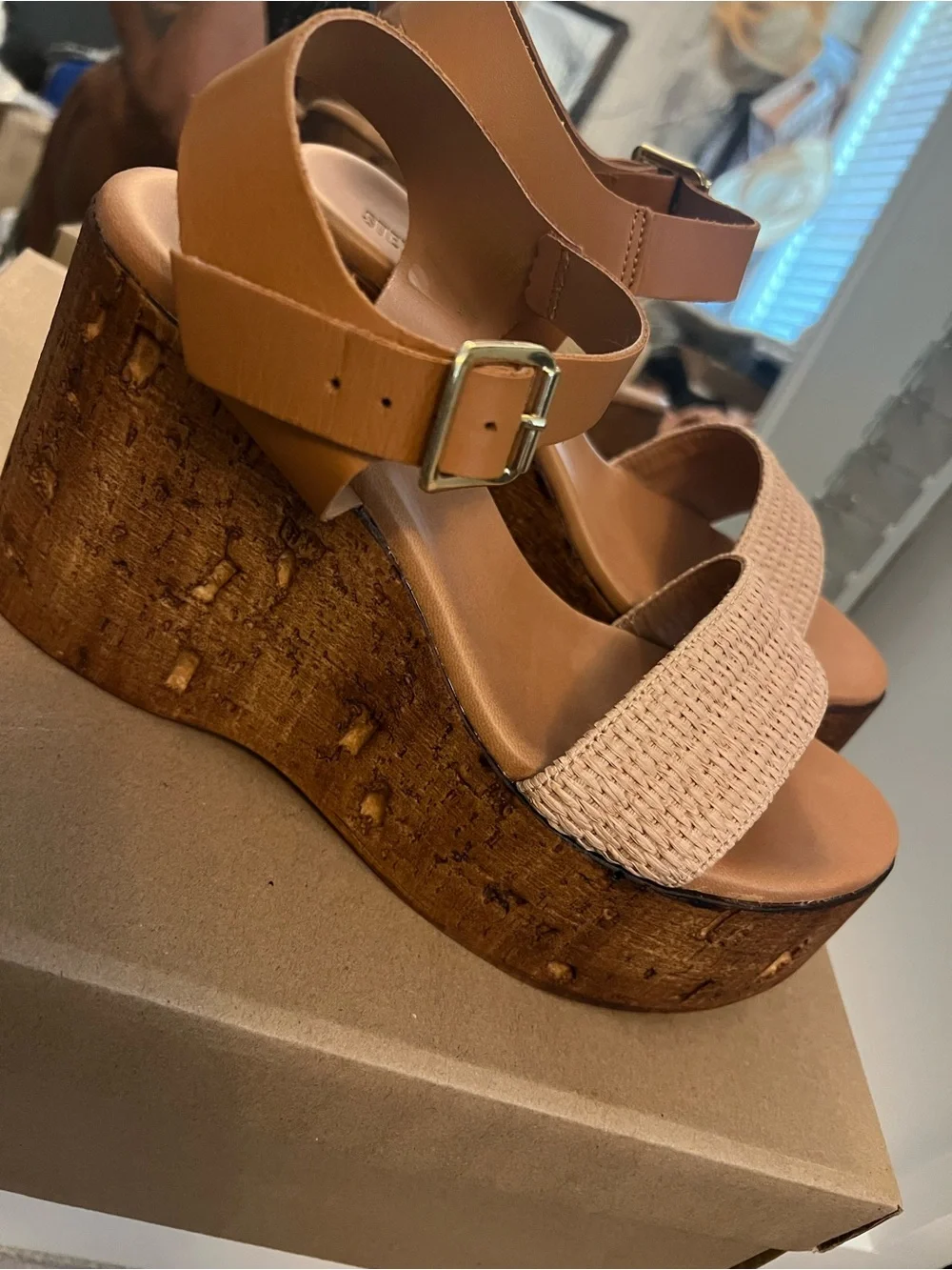 Steve Madden Tan Leather and Raffia Cork Wedge Sandal